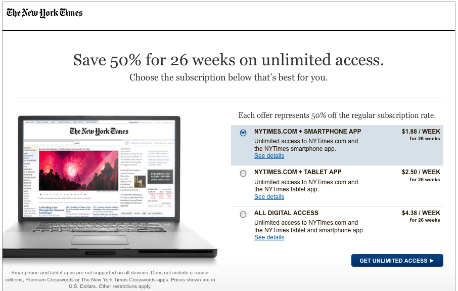 NYT Online Subcription Rates